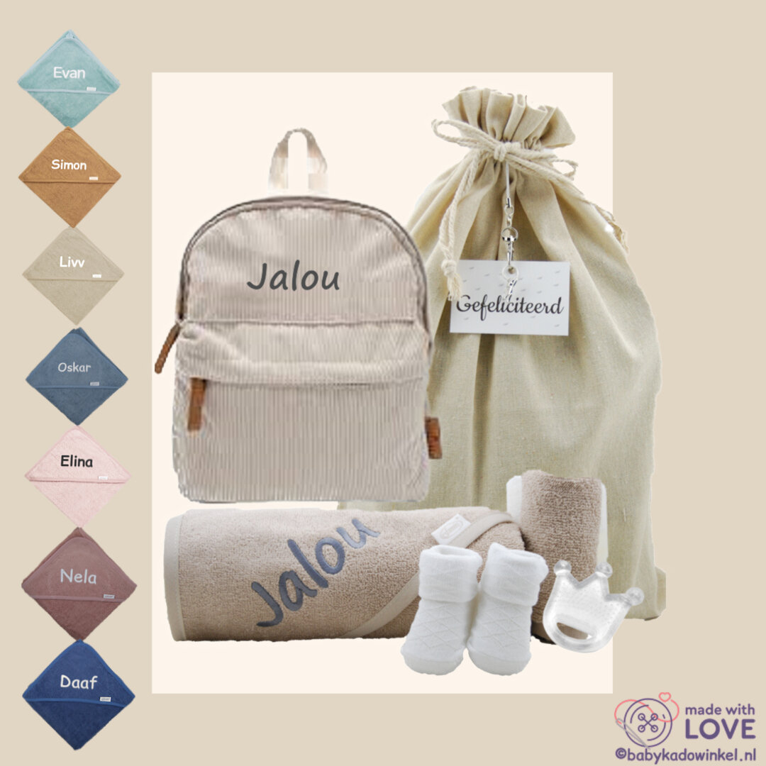 Rugtas Babycadeauset Cream met naam
