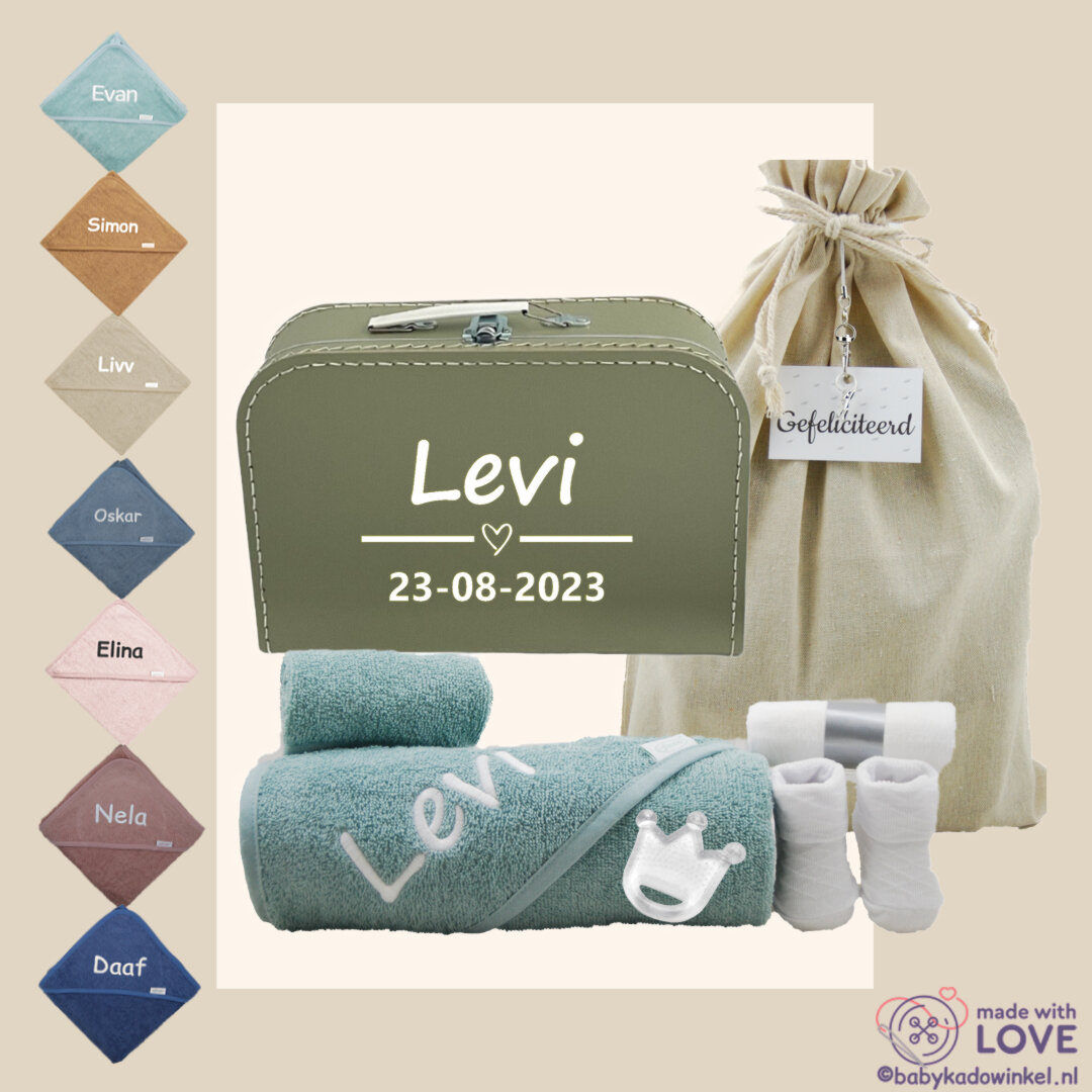 Babykoffertje sage green Kraamcadeau met naam
