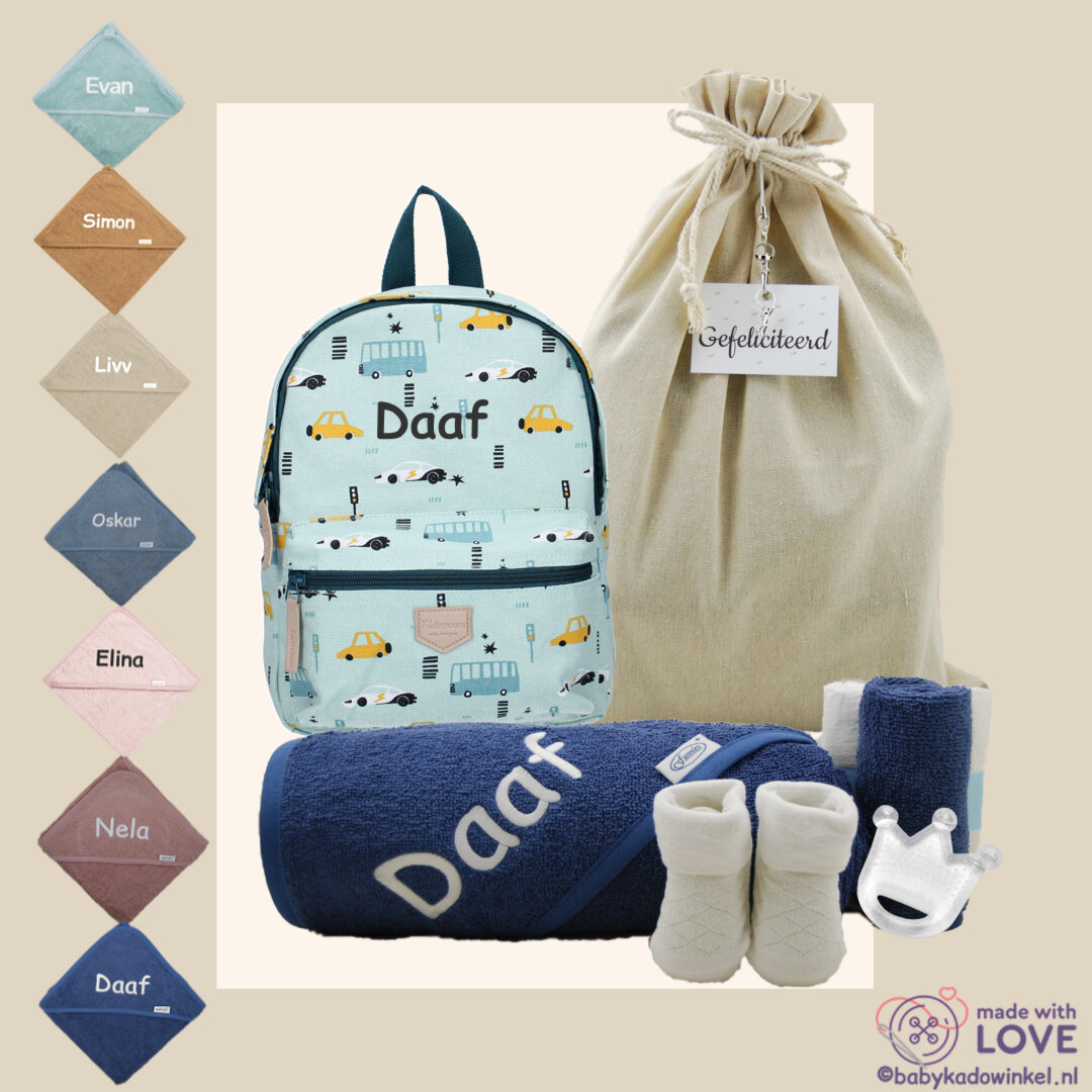 Rugtas Mini Blue Kraamcadeau met naam