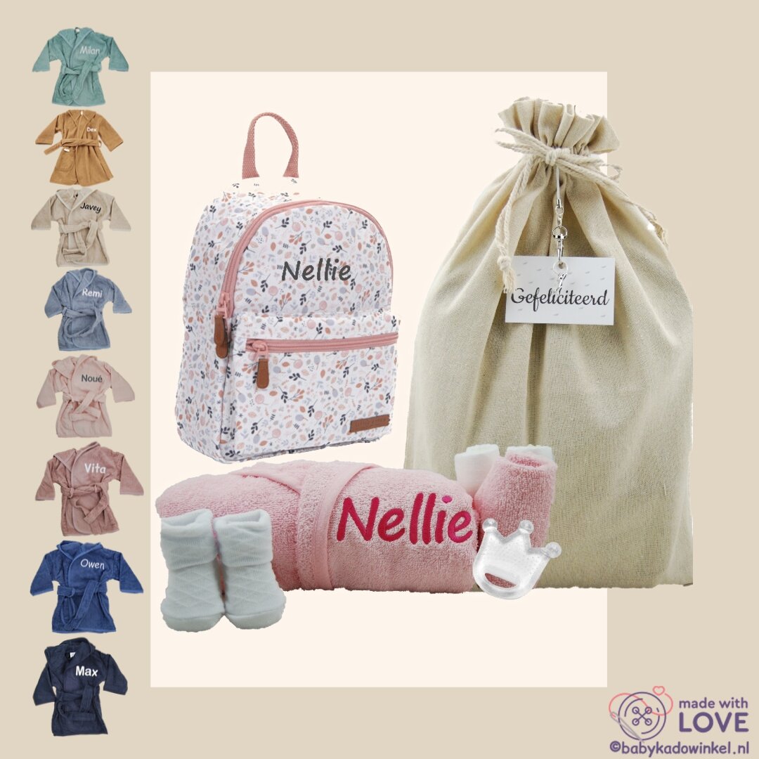 Rugtas Flowers Pink Kraamcadeau met naam