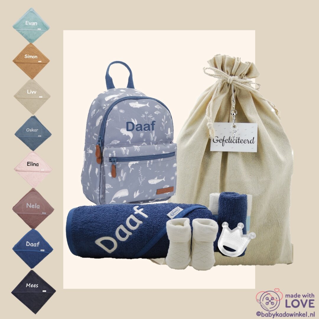 Rugtas Ocean Blue Kraamcadeau met naam