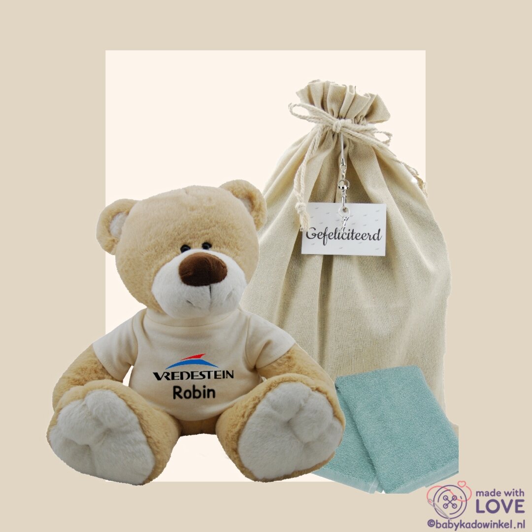 Knuffel Beer Boris babycadeau met logo en naam