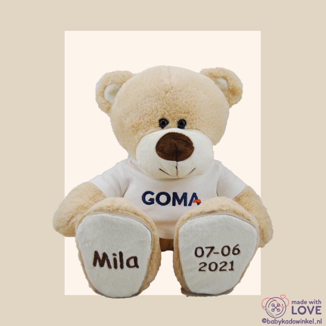 Knuffel Boris Kraamcadeau met logo en naam mila goma