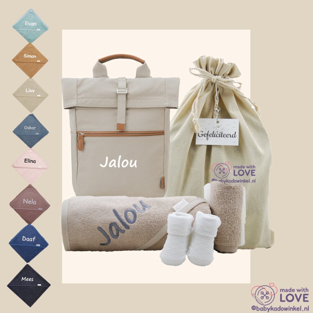 Babycadeaupakket Rugtas Cream met naam