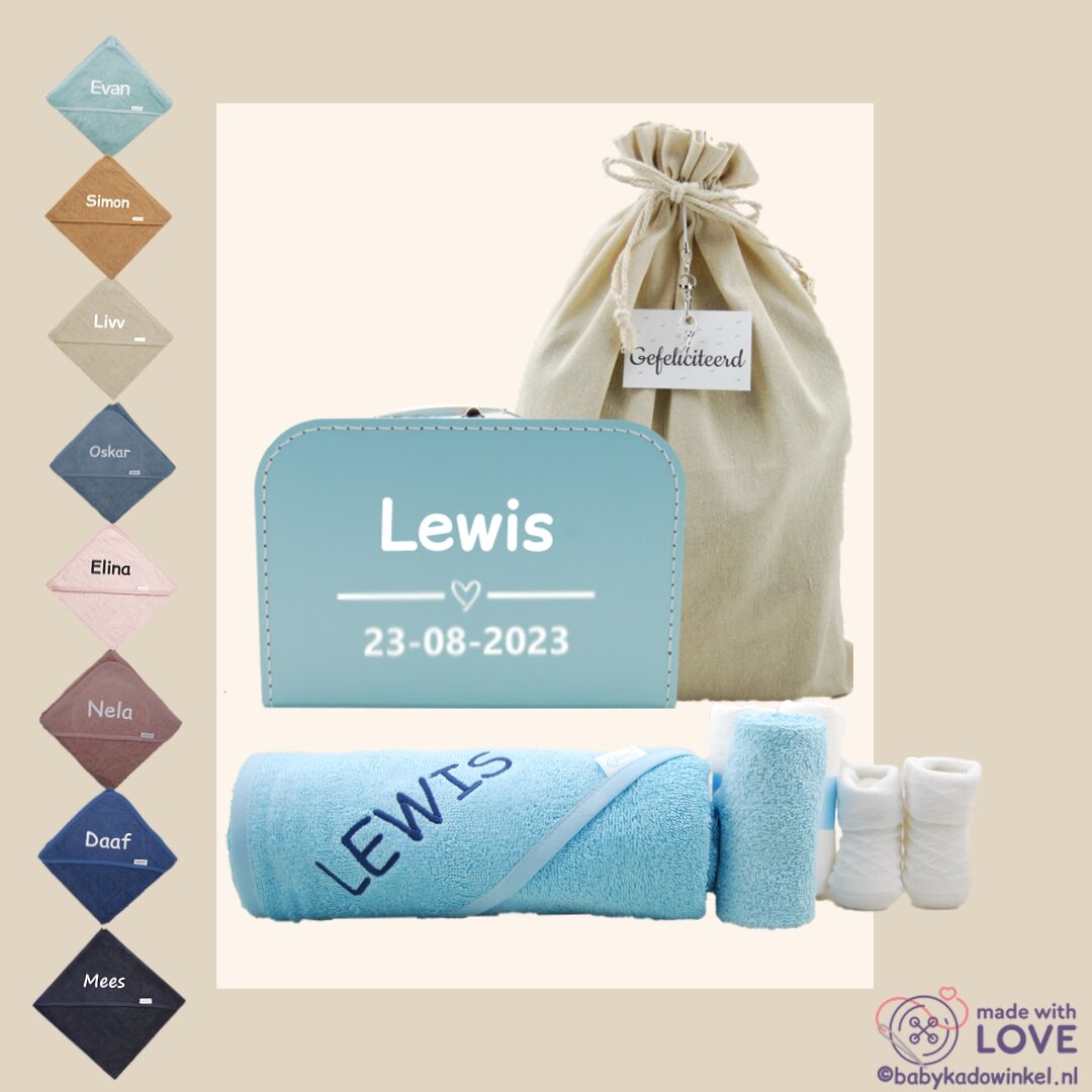 Babykoffertje babyblauw Kraamcadeau met naam