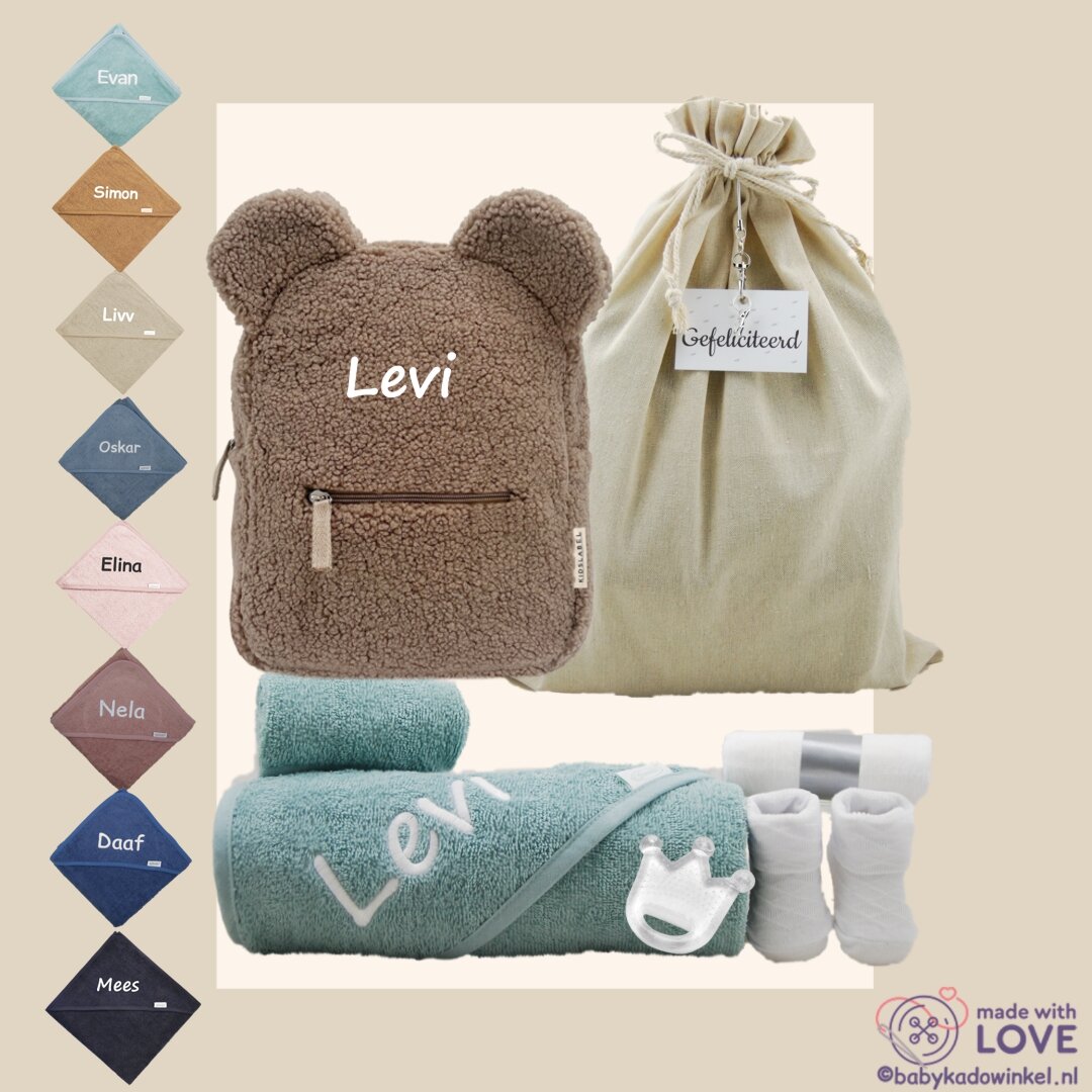 Rugtas Teddy Clay Kraamcadeau met naam