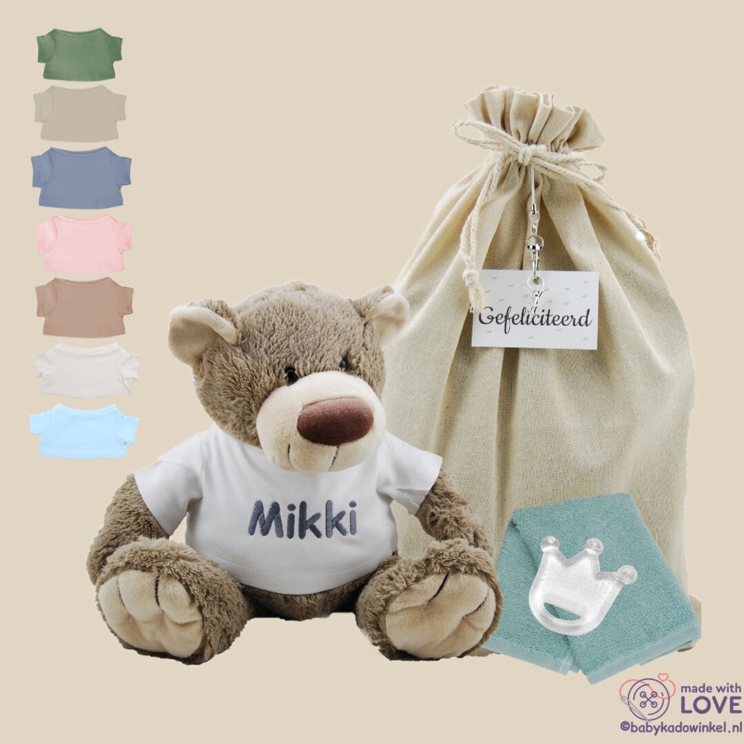 Knuffel Bear Bella Kraamcadeau met naam op shirtje