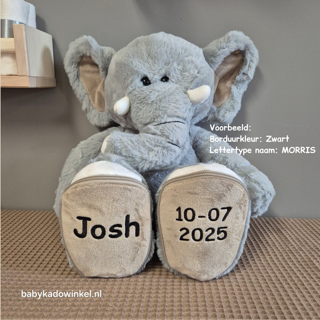 Knuffel Olifant Luka met naam en datum Josh