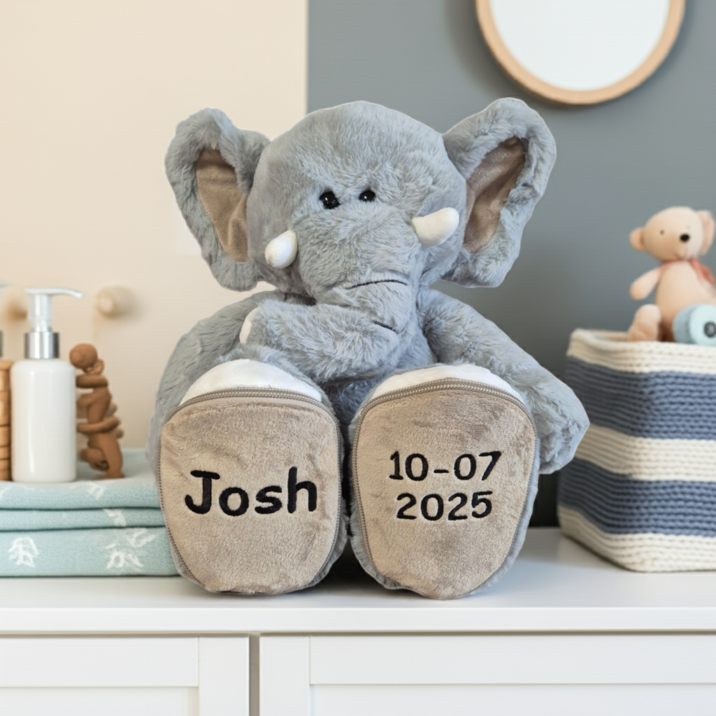 Knuffel Olifant Luka met naam en datum Josh