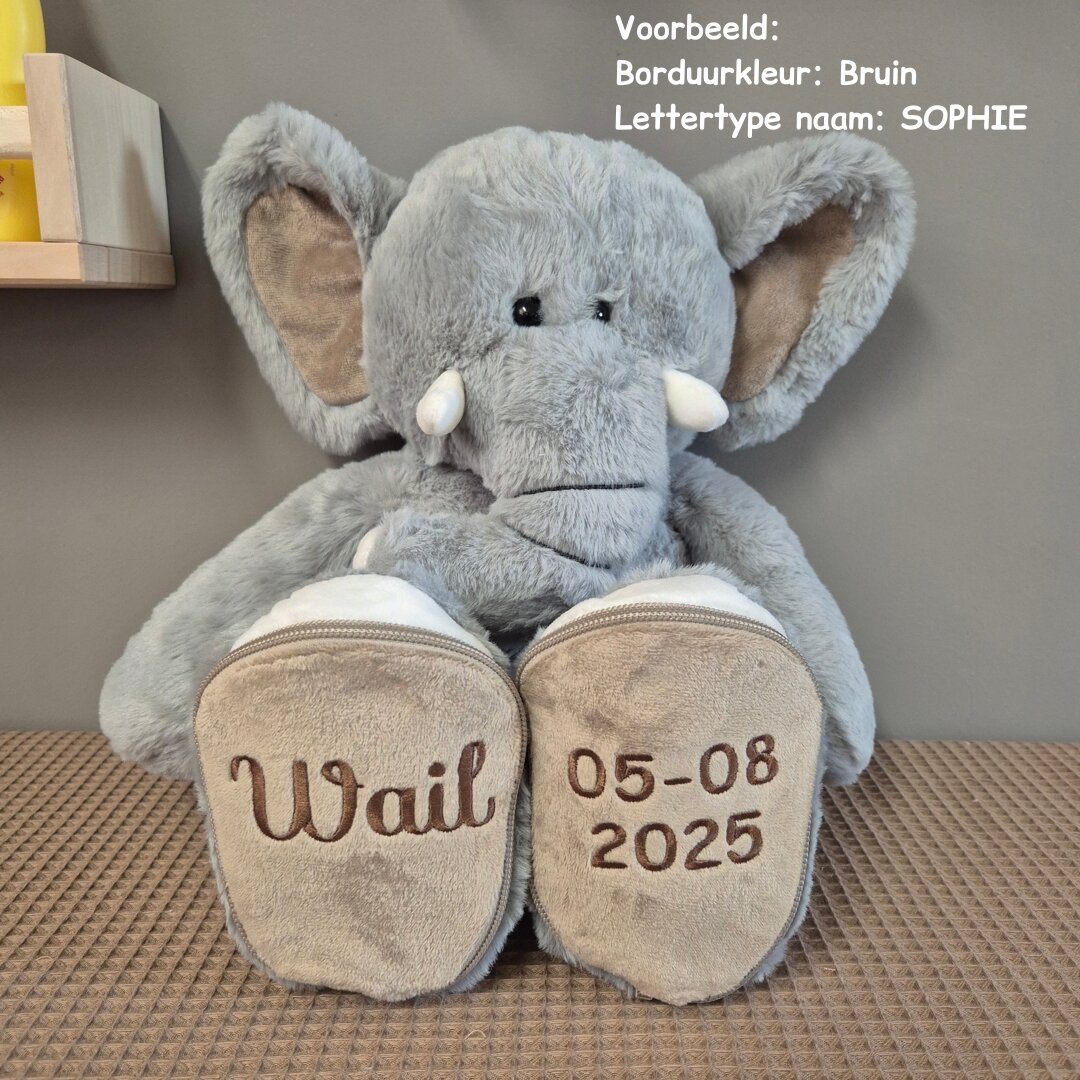 Knuffel Olifant Luka met naam en datum Wail