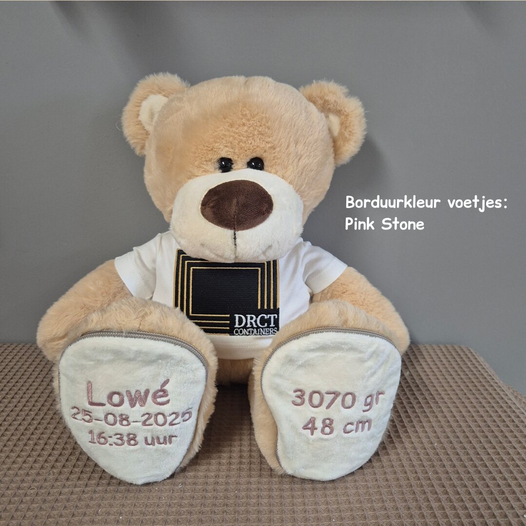 Knuffel Boris met logo en naam en geboortegegevens DRCT Lowe