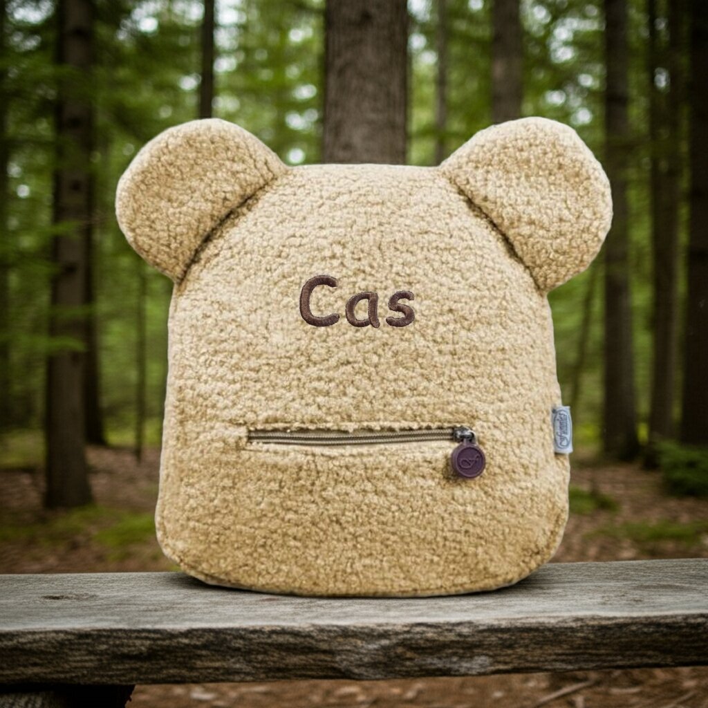 Rugtas Teddy Cream met naam Cas