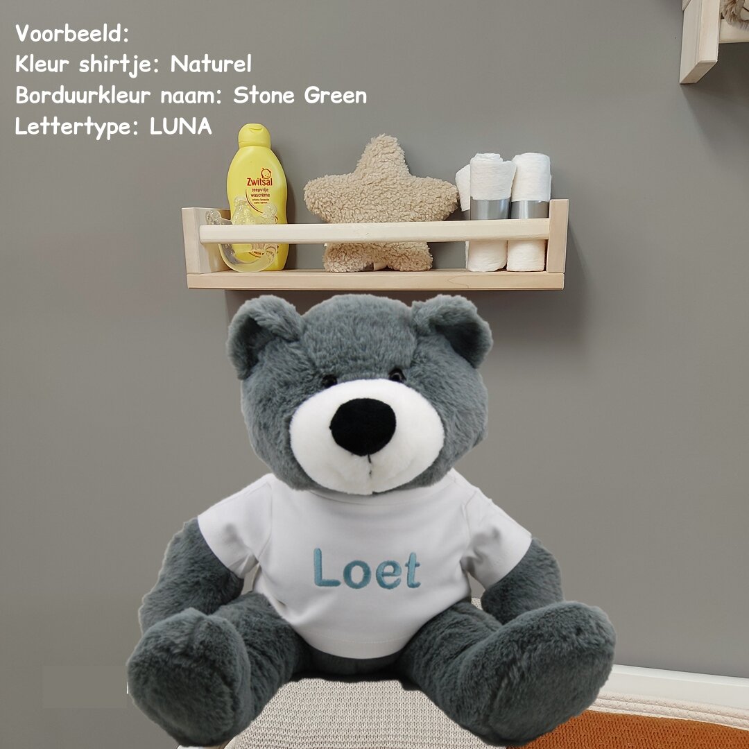 Knuffel Beer Vic Grey met naam op shirtje Loet