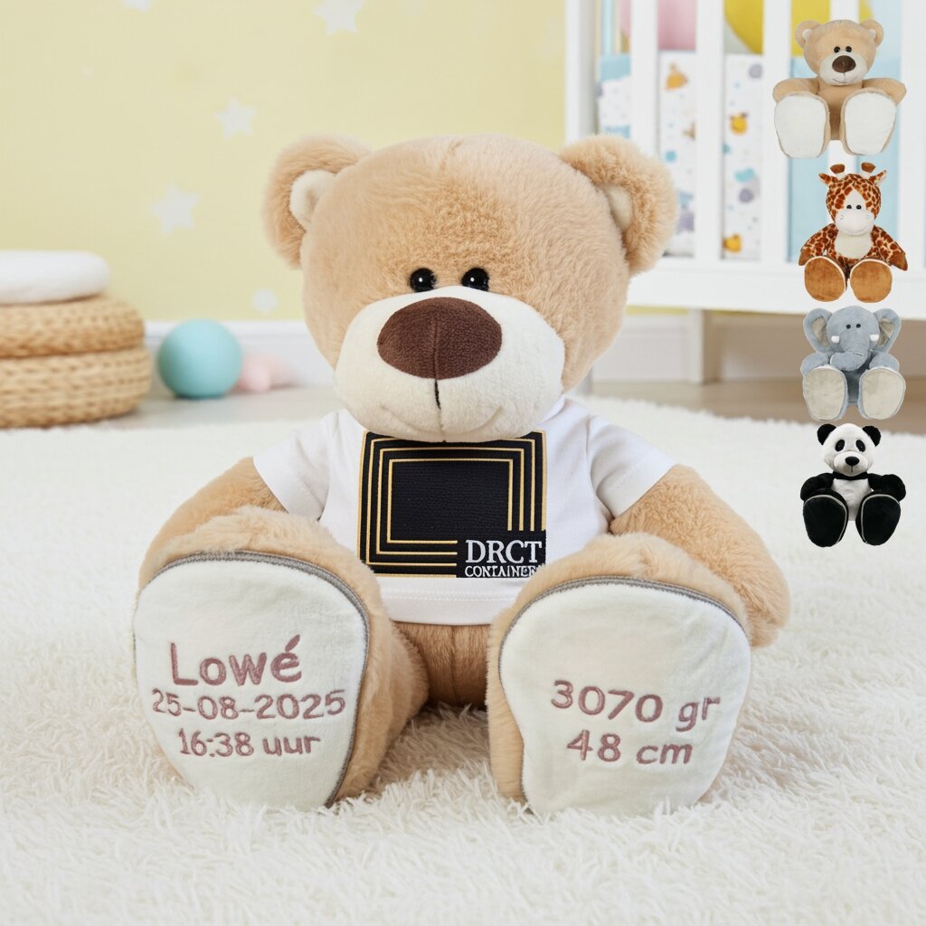 Knuffel met logo en naam en geboortegegevens