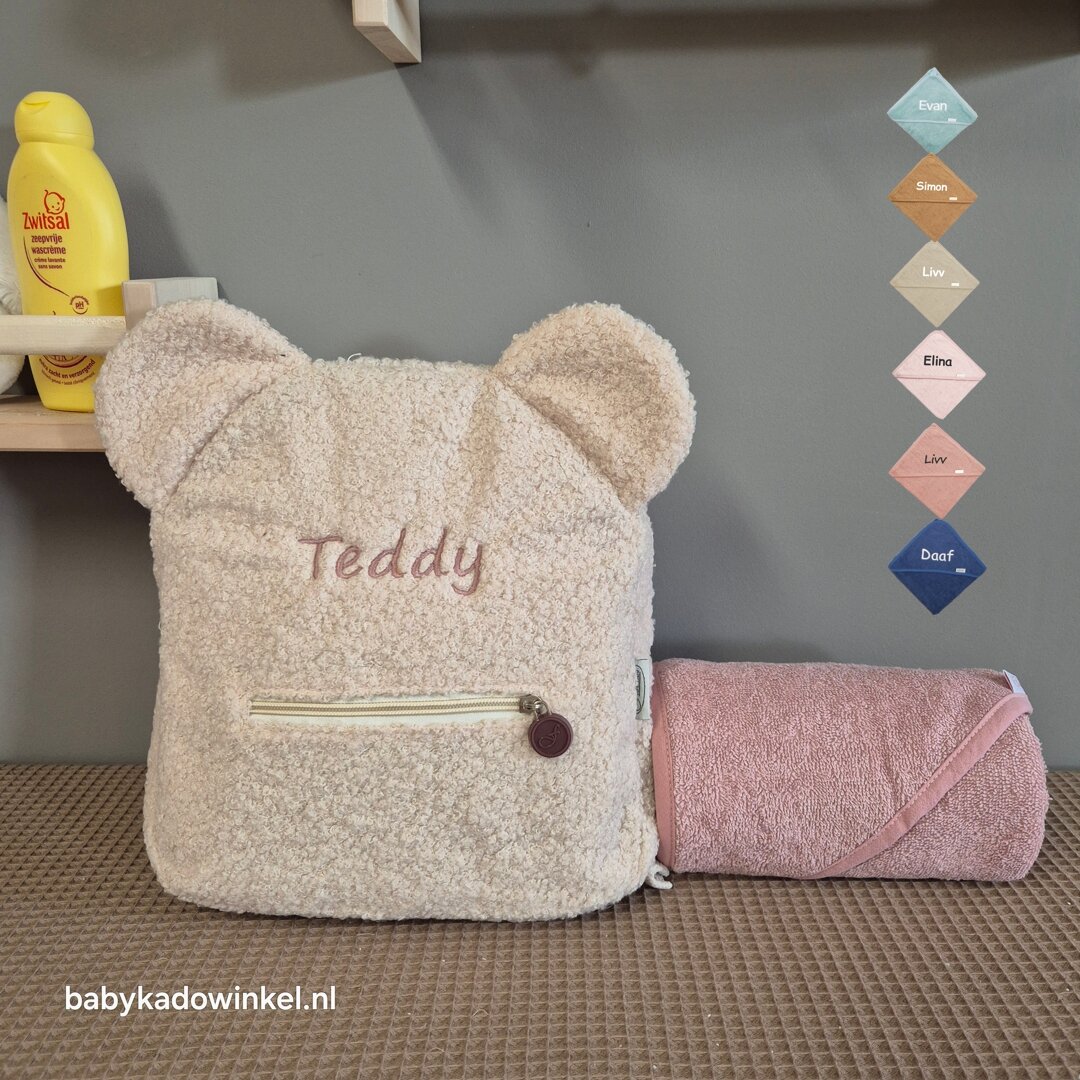 Rugtas Babycadeauset Teddy met naam