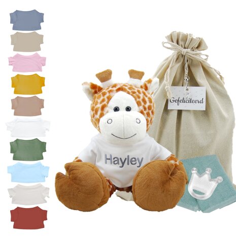 Knuffel Giraf met naam op shirtje