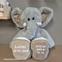 Knuffel Olifant Luka 45 cm met geboortegegevens