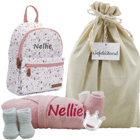 Rugtas Flowers Pink met naam