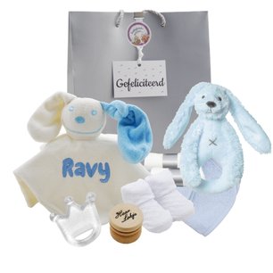 Baby kado met knuffeldoekje babyblauw met naam Baby kado met knuffeldoekje babyblauw met naam
