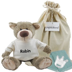 Knuffel Beer Bella met naam op ecru shirtje Knuffel Beer Bella met naam op ecru shirtje
