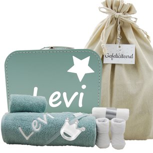 Babykoffertje mint met badcape stonegreen met naam Babykoffertje mint met badcape stonegreen met naam