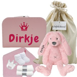Babykoffertje babyroze met Rabbit Richie Pink met naam Babykoffertje babyroze met Rabbit Richie Pink met naam