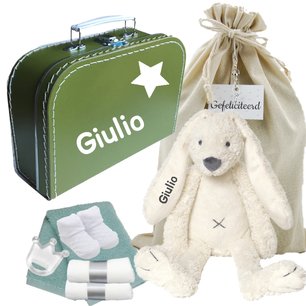 Babykoffertje olijfgroen Rabbit Richie Ivory met naam Babykoffertje olijfgroen Rabbit Richie Ivory met naam