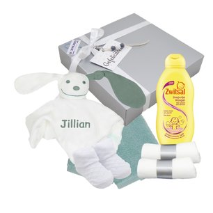 Babycadeaudoosje met knuffeldoekje stonegreen met naam Babycadeaudoosje met knuffeldoekje stonegreen met naam