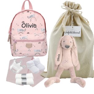 Rugtas Kidzroom mini pink met Rabbit Richie Old Pink met naam Rugtas Kidzroom mini pink met Rabbit Richie Old Pink met naam