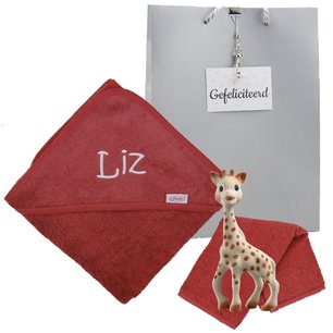Sophie de Giraf met badcape copper met naam Sophie de Giraf met badcape copper met naam