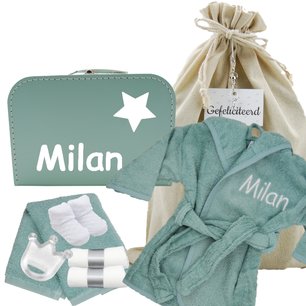 Babykoffertje mint met badjasje stonegreen met naam Babykoffertje mint met badjasje stonegreen met naam