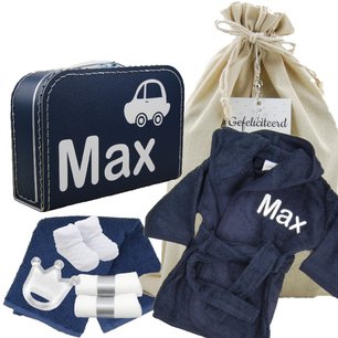 Babykoffertje navy blue met badjasje navy blue met naam Babykoffertje navy blue met badjasje navy blue met naam