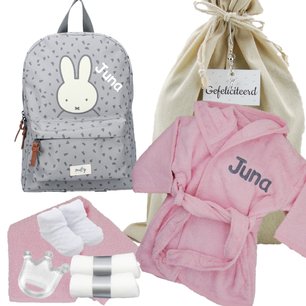 Nijntje Rugtas Funny Days Grey badjasje babyroze met naam Nijntje Rugtas Funny Days Grey badjasje babyroze met naam
