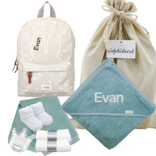 Nijntje Rugtas Funny Days Creme badcape stonegreen met naam Nijntje Rugtas Funny Days Creme badcape stonegreen met naam