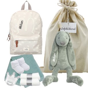 Nijntje Rugtas Funny Days Creme Rabbit Richie stonegreen met naam Nijntje Rugtas Funny Days Creme Rabbit Richie stonegreen met naam