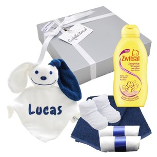Babycadeaudoosje met knuffeldoekje navy blue met naam Babycadeaudoosje met knuffeldoekje navy blue met naam