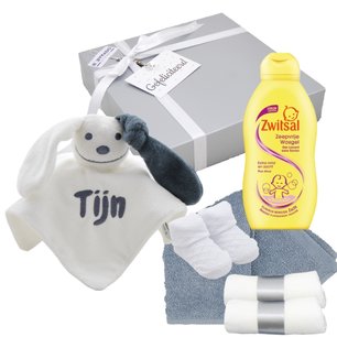 Babycadeaudoosje met knuffeldoekje grijs met naam Babycadeaudoosje met knuffeldoekje grijs met naam