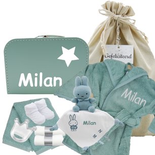 Babykoffertje mint met badjasje en nijntje stonegreen met naam Babykoffertje mint met badjasje en nijntje stonegreen met naam