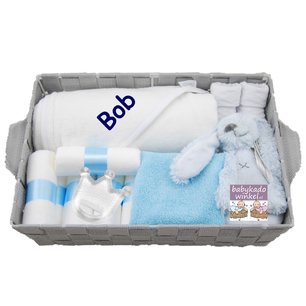 Babymand badcape wit velours met naam babyblauw Babymand badcape wit velours met naam babyblauw