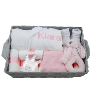 Babymand badjasje wit velours met naam babyroze Babymand badjasje wit velours met naam babyroze