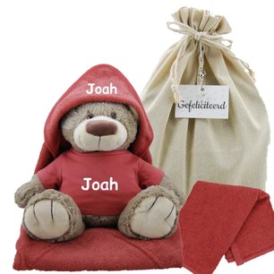 Knuffel Beer Bella met badcape copper en naam Knuffel Beer Bella met badcape copper en naam