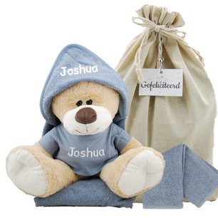 Knuffel Beer Boris 45 cm met badcape grijs en naam Knuffel Beer Boris 45 cm met badcape grijs en naam