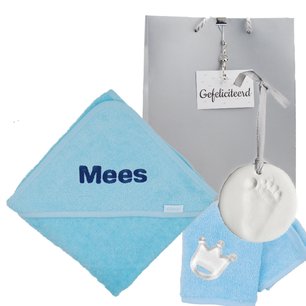 Badcape funnies babyblauw met naam en kleihanger Badcape funnies babyblauw met naam en kleihanger