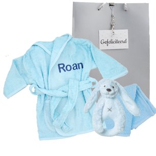 Badjasje Funnies Babyblauw met naam en rammelaar Badjasje Funnies Babyblauw met naam en rammelaar