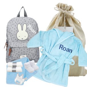Nijntje Rugtas Funny Days Grey badjasje babyblauw met naam Nijntje Rugtas Funny Days Grey badjasje babyblauw met naam