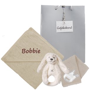 Badcape funnies cream met naam en rammelaar Badcape funnies cream met naam en rammelaar