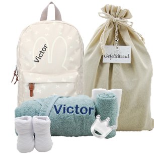 Nijntje Rugtas Funny Days Creme badjasje stonegreen met naam Nijntje Rugtas Funny Days Creme badjasje stonegreen met naam