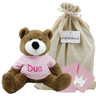 Knuffel Beer Vic Brown 45 cm met naam op babyroze shirtje Knuffel Beer Vic Brown 45 cm met naam op babyroze shirtje
