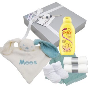 Babycadeaudoosje met knuffeldoekje stonegreen met naam Babycadeaudoosje met knuffeldoekje stonegreen met naam
