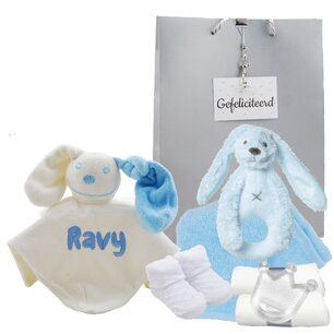 Baby kado met knuffeldoekje babyblauw met naam Baby kado met knuffeldoekje babyblauw met naam